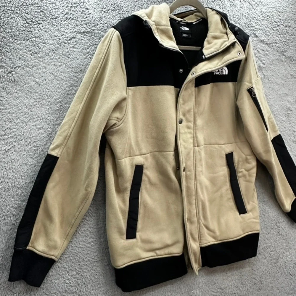 The North Face Men's Large Fleece Hooded Jacket Tan Black Colorblock Full Zip